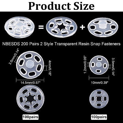 Nbeads 200 paires 2 style boutons pression en résine transparente, plat rond