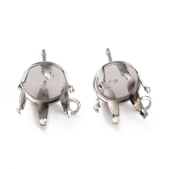 304 Stainless Steel Stud Earring Settings, Prong Earring Settings, with Loop, Flat Round
