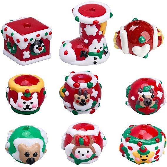 9 Styles Opaque Hand Painted Acrylic Enamel Beads, Christmas Theme Beads, Mixed Color