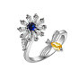 Adjustable Opening Brass Rhinestone Ring, Cuff Rings, Rotating Ring, Flower with Bees for Women