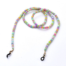 Chaînes de lunettes, tour de cou pour lunettes, perles de heishi en pâte polymère faites main, fermoirs à pince de homard en alliage et extrémités de boucle en caoutchouc
