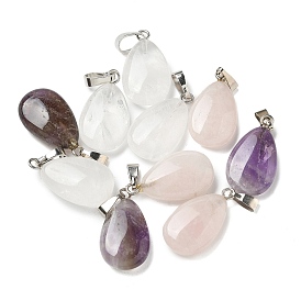 Natural Quartz Crystal/Natural Rose Quartz/Natural Amethyst Pendants, Teardrop Charms with Platinum Tone Brass Snap on Bails