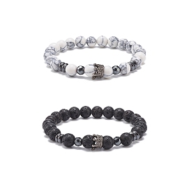 2Pcs 2 Style Natural Lava Rock & Synthetic Howlite & Hematite Stretch Bracelets Set with Alloy Crown, Essential Oil Gemstone Jewelry for Women
