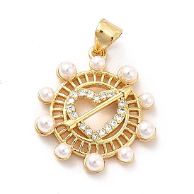 Brass Micro Pave Clear Cubic Zirconia Pendants, with ABS Plastic Imitation Pearl, Golden, Flat Round with Heart & Arrow Charm