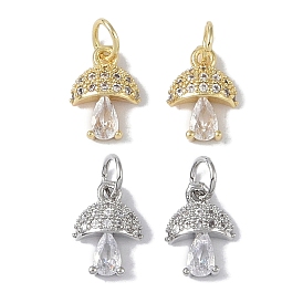 Rack Plating Brass Micro Pave Cubic Zirconia Charms, with Jump Rings, Cadmium Free & Lead Free, Long-Lasting Plated, Mushroom