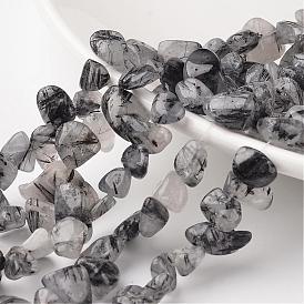 Nuggets Natural Black Rutilated Quartz Bead Strands, Tumbled Stone, 12~16x8~13x6~8mm, Hole: 1mm, about 53pcs/strand, 15.3 inch
