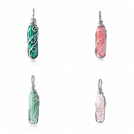 Gemstone Double Terminal Pointed Pendants, Stainless Steel Wire Wrapped Faceted Bullet Charms, Stainless Steel Color
