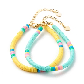 Handmade Polymer Clay Heishi Beaded Bracelets Set with Tiny Heart Charm for Women