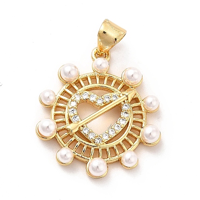 Brass Micro Pave Clear Cubic Zirconia Pendants, Cadmium Free & Lead Free, with ABS Plastic Imitation Pearl, Golden, Flat Round with Heart & Arrow Charm