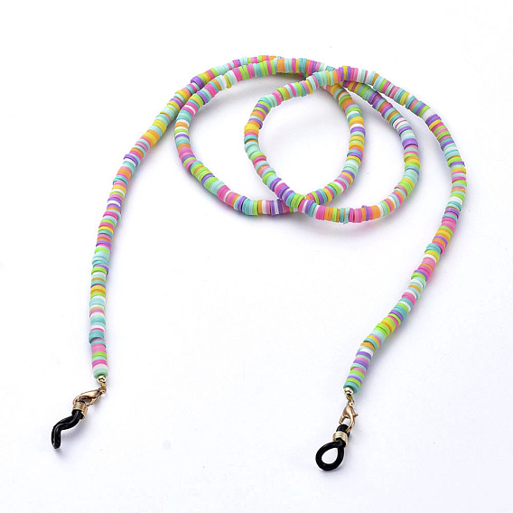 Chaînes de lunettes, tour de cou pour lunettes, perles de heishi en pâte polymère faites main, fermoirs à pince de homard en alliage et extrémités de boucle en caoutchouc