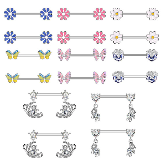 304 Штанги для сосков из нержавеющей стали с эмалью/кубическим цирконием, цвет нержавеющей стали