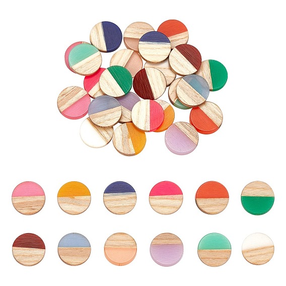 Resin & Wood Cabochons, Flat Round, Two Tone
