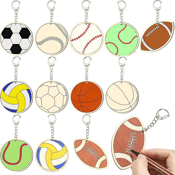 36Pcs Sport Ball Shaped Wooden Keychains