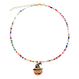 Colorful Rice Bead Necklace with Cartoon Doll and Pumpkin Ghost Pendant
