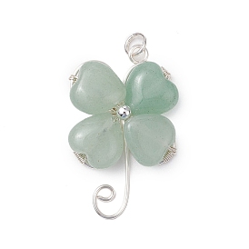 Natural Gemstone Copper Wire Wrapped Shamrock Pendants, Four-leaf Clover Charms with Jump Rings