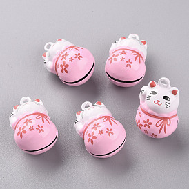 Baking Painted Brass Bell Pendants, Maneki Neko/Beckoning Cat