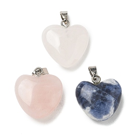 Natural Gemstone Pendants, Heart Charms with Platinum Tone Brass Snap on Bails