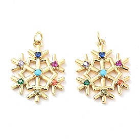 Rack Plating Brass Micro Pave Colorful Cubic Zirconia Pendants, with Jump Ring, Long-Lasting Plated, Cadmium Free & Lead Free, Snowflake