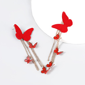 Vintage Alloy Resin Velvet Long Butterfly Earrings for Women Fashion Jewelry