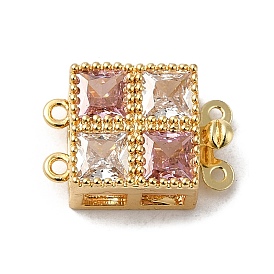 Rack Plating Brass Pave Cubic Zirconia Box Clasps, 2-Strand, 2-Hole, Cadmium Free & Lead Free, Long-Lasting Plated, Square