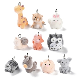Owl/Rabbit/Fox/Snail/Beaver/Giraffe/Koala/Donkey/Pig Animal Shape Flocky Resin Pendants, Cute Animal Charms with Platinum Plated Iron Loops