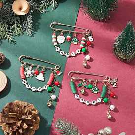 3Pcs 3 Colors Christmas Themed Alloy Enamel & Acrylic & Polymer Clay Pendant Brooches, Iron Kilt Pins