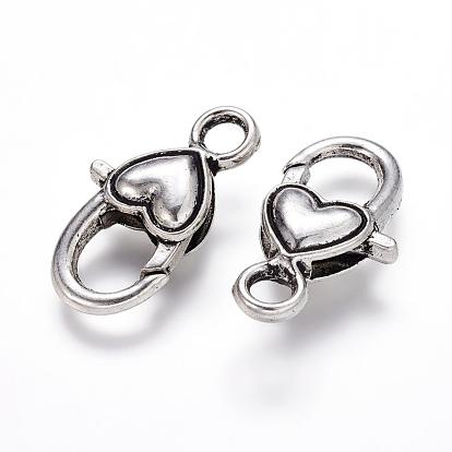 Tibetan Style Heart Lobster Claw Clasps, Cadmium Free & Lead Free, about 27mm long, 13.5mm wide, 6mm thick, hole: 4mm
