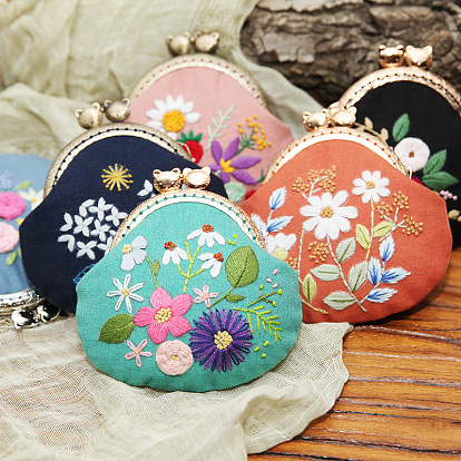 DIY Flower Pattern Kiss Lock Coin Purse Embroidery Kit, including Embroidery Needles & Thread, Cotton Fabric, Metal Purse Frame Handles, Plastic Embroidery Hoop