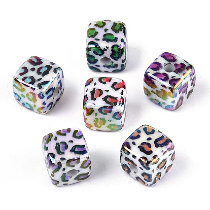 Непрозрачные акриловые бусины с УФ-покрытием, радужный, куб с печатью леопарда