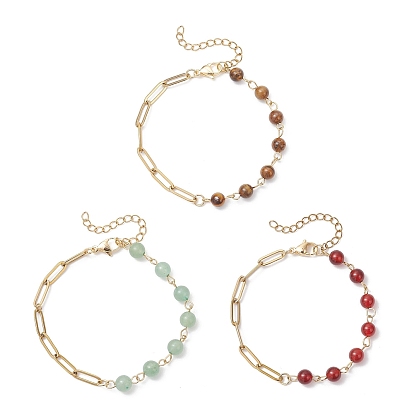 3шт. браслеты-цепочки из бусин натурального сердолика, зеленого авантюрина и тигрового глаза, 304 женские браслеты-цепочки со скрепками из нержавеющей стали