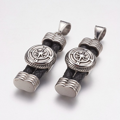 304 из нержавеющей стали большие кулоны, с кожаным шнуром, прямоугольник с компасом, чёрные