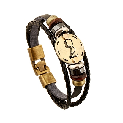 Cowhide & PU Leather Triple Layer Multi-strand Bracelet, Constellation Alloy & Wood Beaded Gothic Bracelet