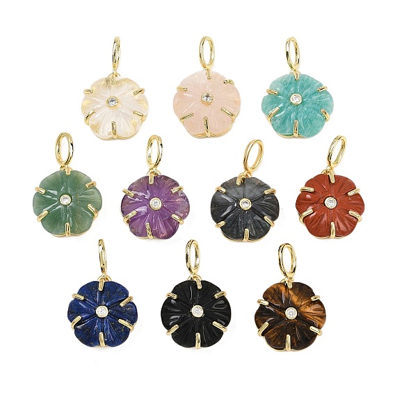 Резные подвески из натуральных драгоценных камней, подвески-цветы с латунными подвесками-паве из прозрачных кубических цирконий, золотые, стойки покрытие