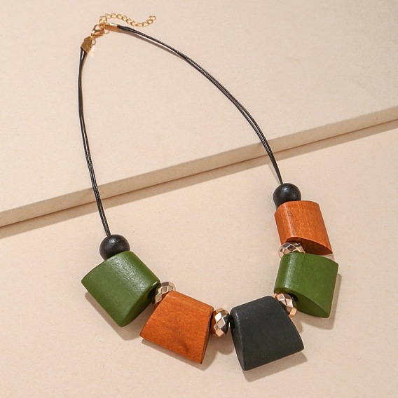 Bohemian Trapezoid Wood & CCB Plastic & Alloy Beaded Bib Necklaces for Women