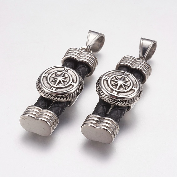 304 из нержавеющей стали большие кулоны, с кожаным шнуром, прямоугольник с компасом, чёрные