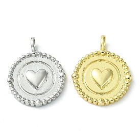 Rack Plating Brass Pendants, Long-Lasting Plated, Lead Free & Cadmium Free, Flat Round with Heart Charm