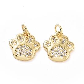 Brass Cubic Zirconia Charms, Paw Print Charm, with Jump Ring