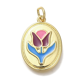 Rack Plating Brass Enamel Pendants, with Jump Ring, Cadmium Free & Lead Free, Long-Lasting Plated, Oval with Flower Charm