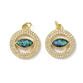 Brass Micro Pave Cubic Zirconia Pendants, with Synthetic Opal and Jump Ring, Flat Round