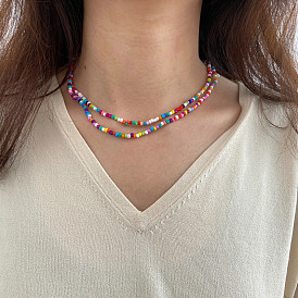Bohemian Short Beaded Choker Necklace with Colorful Seed Beads and Double Layers for Women