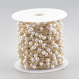 Chaînes en perles d'imitation imitation plastique abs faites main, soudé, avec bobine, avec les accessoires en laiton, ronde, blanc crème