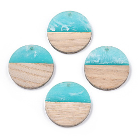 Transparent Resin & White Wood Pendants, Two Tone, Flat Round Charms