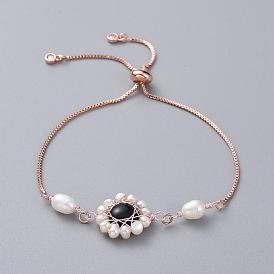 Pulseras deslizantes ajustables de latón chapado en oro rosa, pulseras de bolo, con diamante de imitación, perla natural, Cabujones de piedras preciosas naturales y caja de cartón