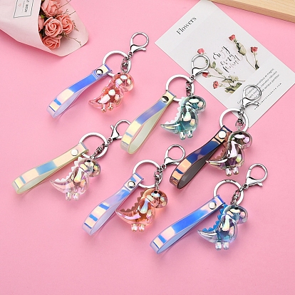 Platinum Tone Plated Alloy Keychains, Iridescent Keychain, with PU Leather Straps and Acrylic Pendant, Dinosaur