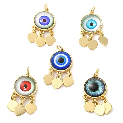 Real 18K Gold Plated Brass Pendants, with Acrylic and Jump Ring, Flat Round with Evil Eye Charms