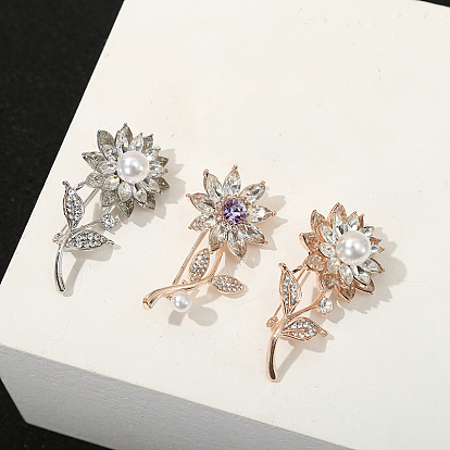 Alloy Rhinestone Brooches for Women, Sunflower Anti-emptied Sweater Shawl Corsage Pins, with Plastic Imitation Pearl