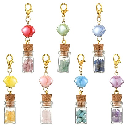7Piezas de decoraciones colgantes de porcelana y vidrio hechas a mano, shell forma, Con cierres de pinza de langosta de aleación y piedras preciosas naturales