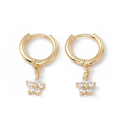 Clear Cubic Zircon Flower Dangle Hoop Earrings, Rack Plating Brass Jewelry, Cadmium Free & Nickel Free & Lead Free
