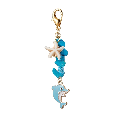 Décorations de pendentif en émail en alliage de dauphin, avec des perles synthétiques turquoise et des fermoirs à pinces de homard en alliage