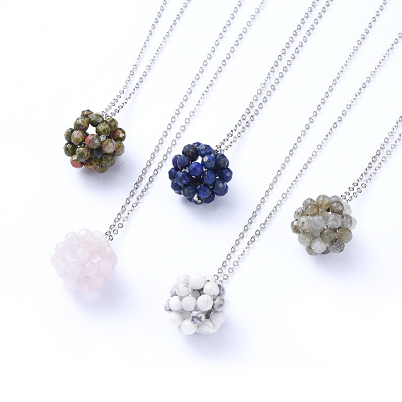 Pendant Necklaces, with Handmade Natural Gemstone Woven Beads, Ball Cluster Beads and Brass Cable Chains